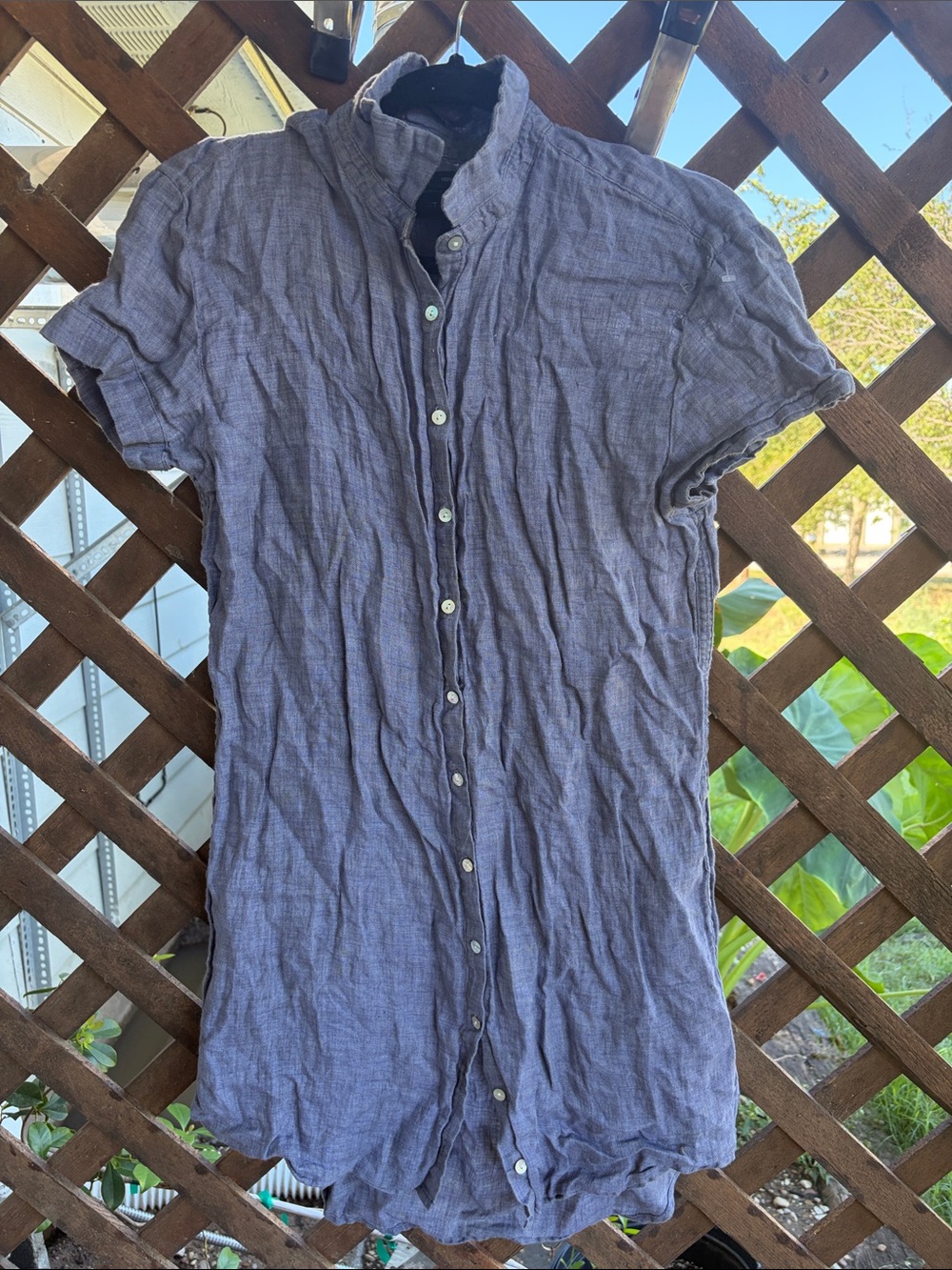 Women’s 100% linen dress Short-Sleeve Button-Up in Slate Blue